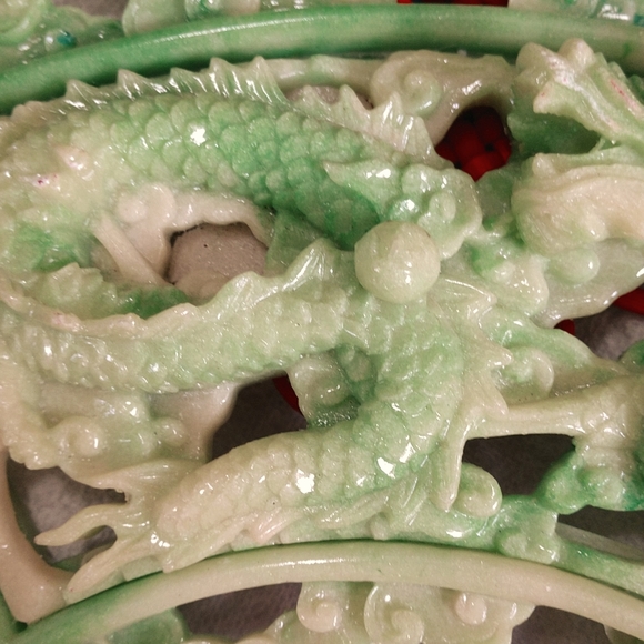 Chinese Carved Green Lacquer Firey Dragon Hanging Fan Red Lucky Knots & Tassels - Picture 14 of 14